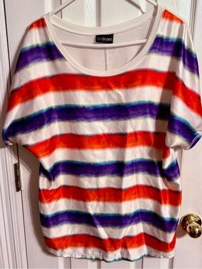 Lane Bryant White Short-Sleeve Tee with Pinkish/Red and Purple Stripes